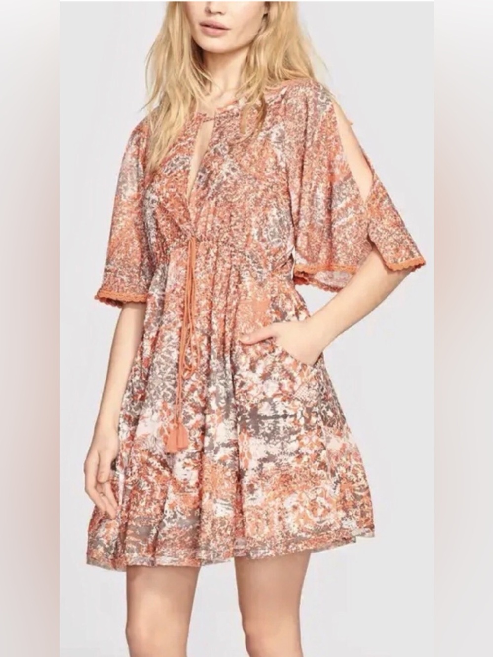 Free people  Boho Tie-Front Short Dress in Dusty Coral Print size large
